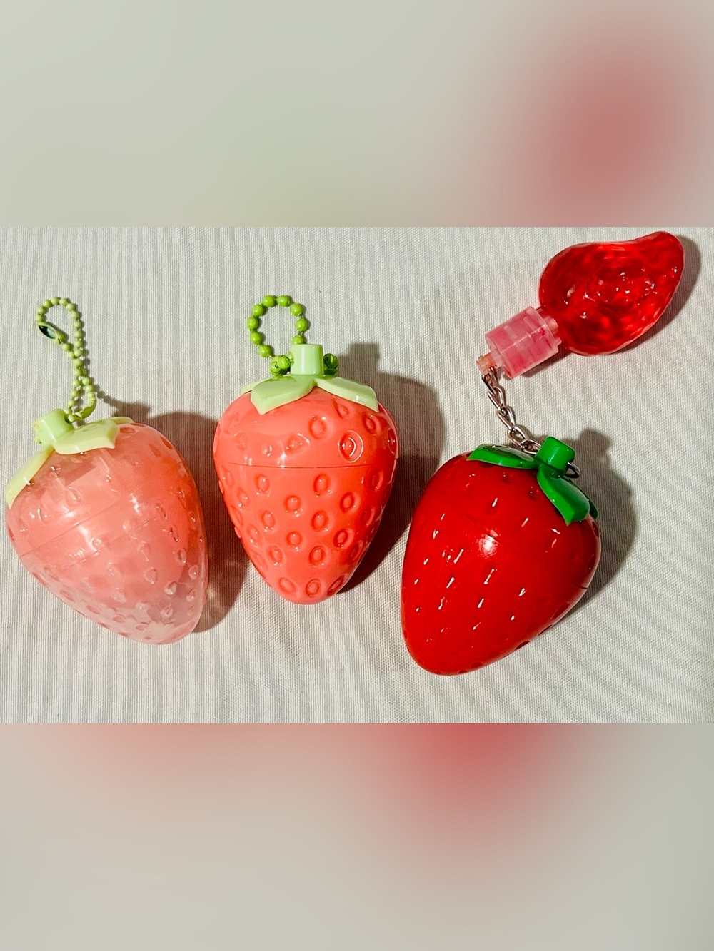 3 Pack Strawberry Lip Balm & Gloss Keychain - Accessories (Pink, Coral, Red)